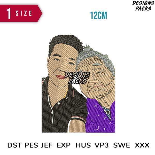 Embroidery design of man and elderly woman, 12cm size, DST PES formats, print-ready for apparel