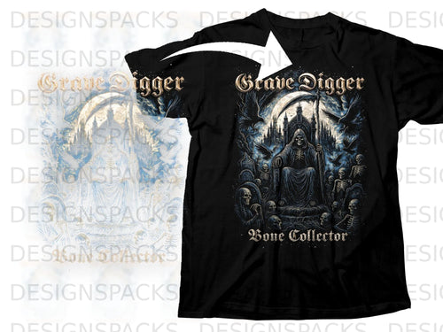 Black t-shirt with Grim Reaper and text 