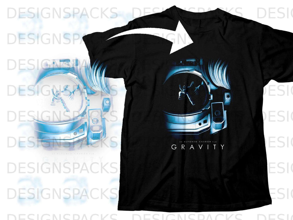 Black t-shirt featuring the movie poster for "Gravity" with an astronaut floating.