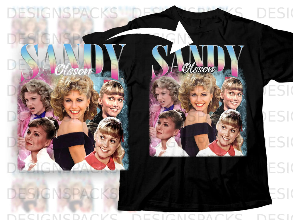 Sandy Olsson collage on a black t-shirt with faded pink and blue accents.