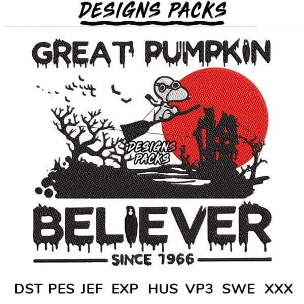 Halloween pumpkin believer design with spooky cat, haunted house, and red moon for embroidery and DTF/DTG printing