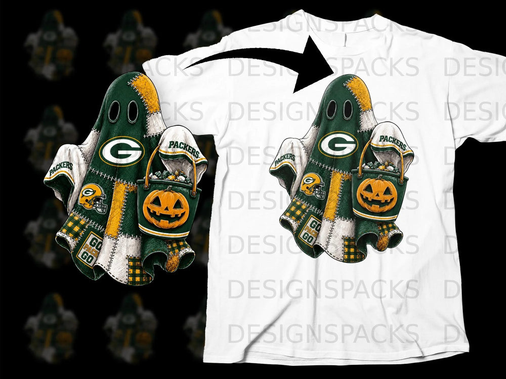 Green Bay Packers ghost graphic with football helmet and pumpkin candy bucket.