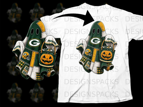 Green Bay Packers ghost graphic with football helmet and pumpkin candy bucket.