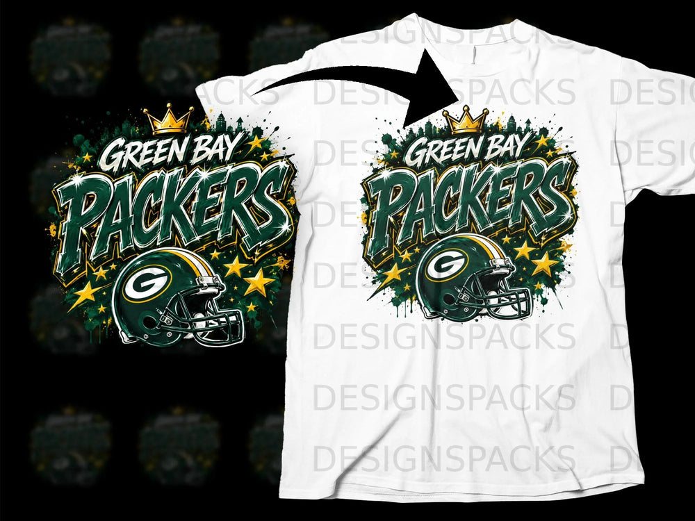 Green Bay Packers logo with helmet and stars on a white t-shirt mockup.