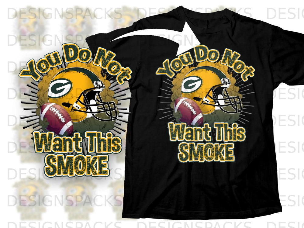 Black t-shirt with "You Do Not Want This Smoke" and football graphics.