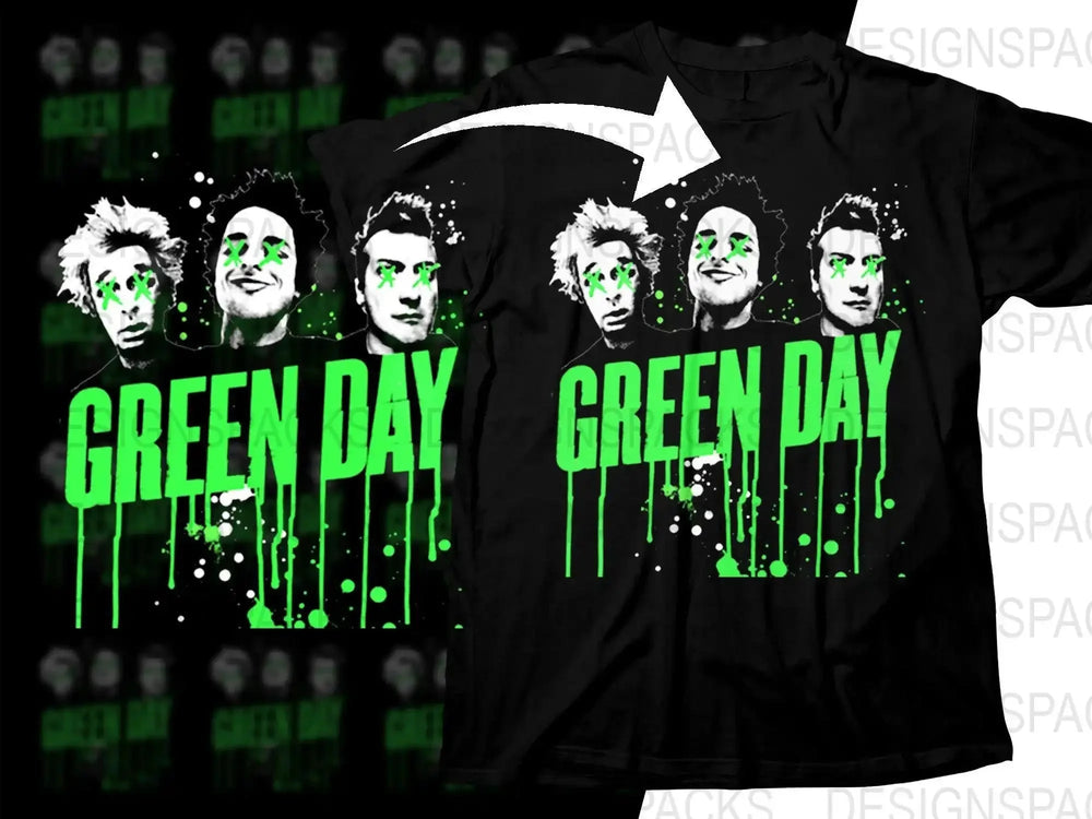 Green Day Rock Music Band Members Graphic With Dripping Text Design Png Halftone Digital Download