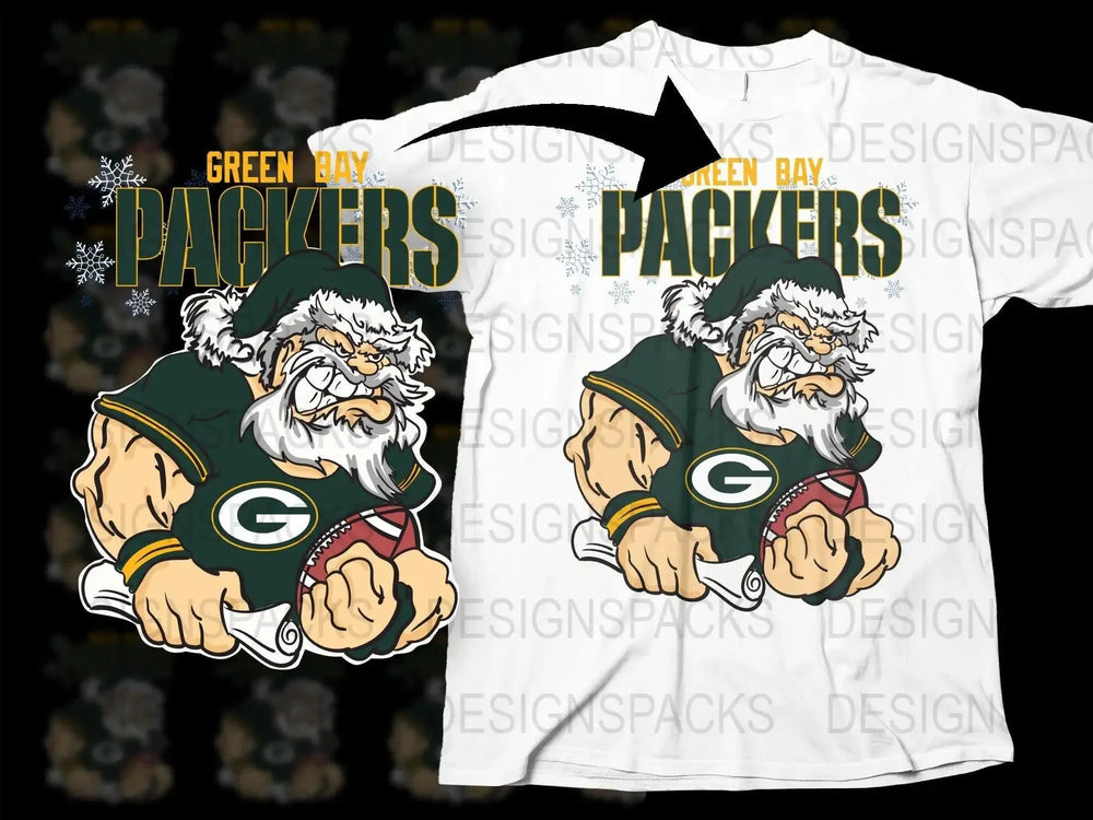 Green Bay Packers Santa design on white t-shirt with snowflakes, festive football theme