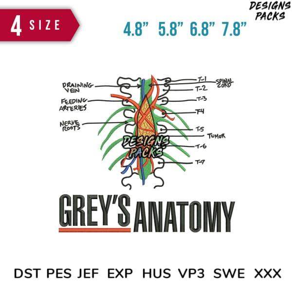 Grey's Anatomy medical embroidery design with spinal cord, tumor, and nerve labels in 4 sizes for instant download
