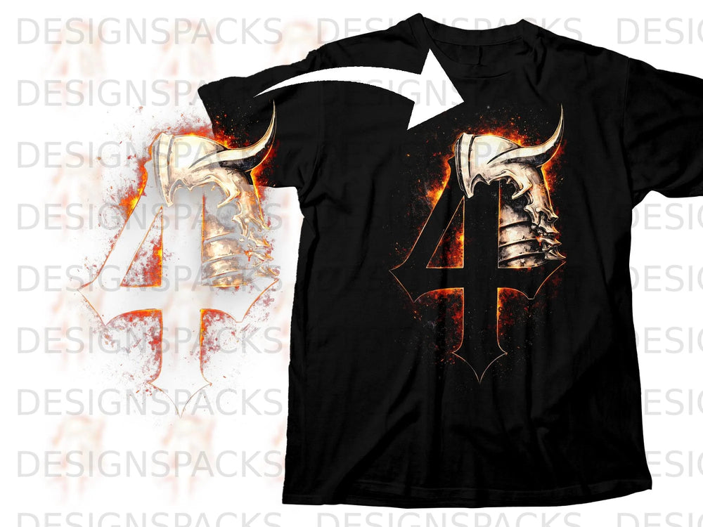 Black t-shirt with a fiery skull and number 4 graphic.