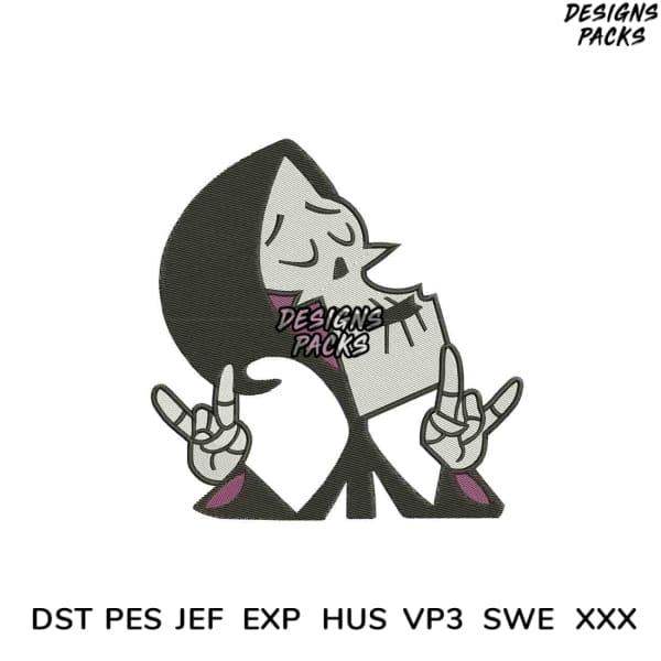 Embroidery design of cartoon character making rock hand signs, available in PES, DST, JEF formats