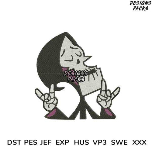 Embroidery design of cartoon character making rock hand signs, available in PES, DST, JEF formats
