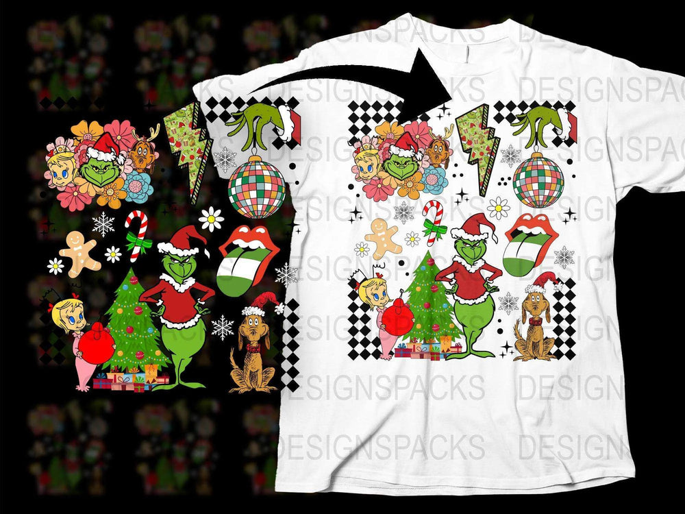 Whimsical Christmas T-Shirt with Cartoon Characters, Festive Holiday Apparel, Santa and Reindeers, Kids and Adults Sizes Available