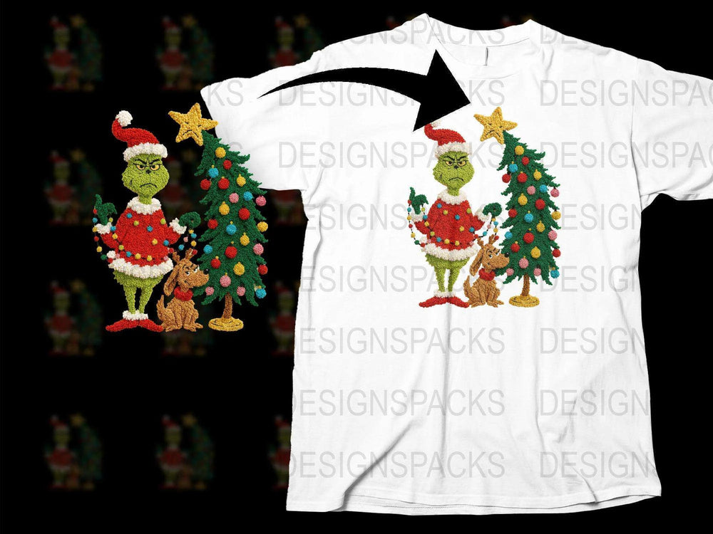 Grinch Christmas T-Shirt, Festive Holiday Tee, Funny Grinch and Dog Design, Family Holiday Apparel, Unisex Adult and Kids Sizes.