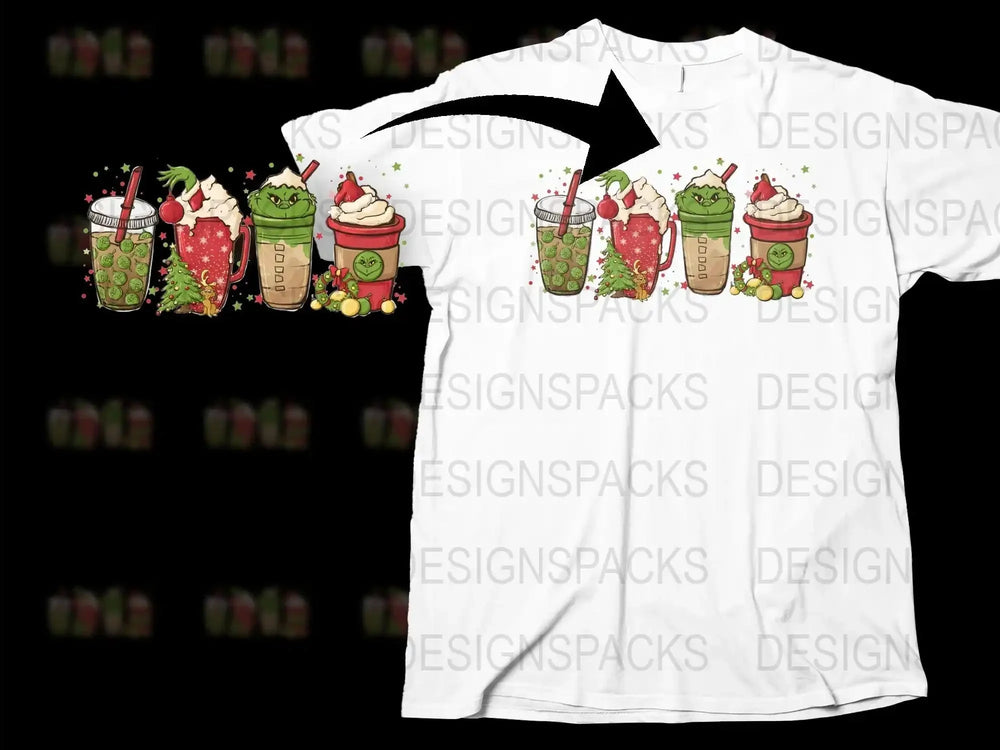Christmas T-Shirt with Cute Santa and Festive Drinks Graphic, Holiday Apparel, Unisex Winter Fashion