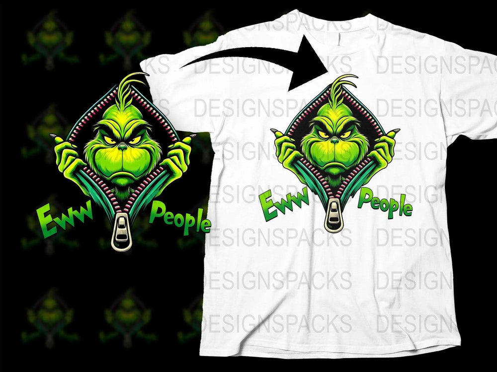 Grinch Zipper Design T-Shirt, Funny Christmas Holiday Tee, Eww People Quote, Unisex White Shirt