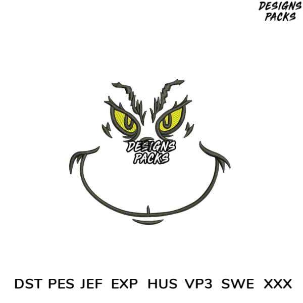 Grinch face embroidery design in DST PES JEF formats for holiday crafts