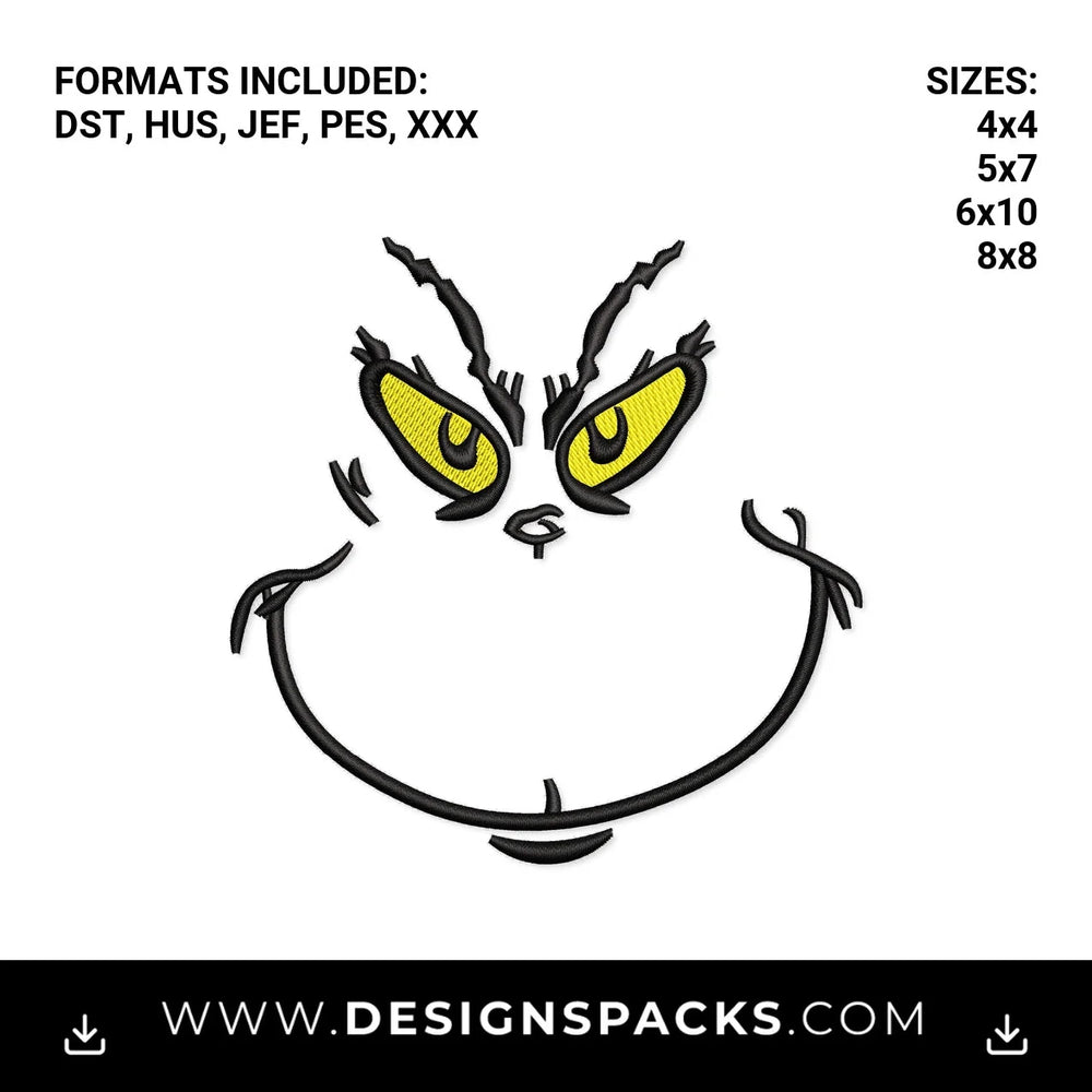 Grinch Face with Yellow Eyes Embroidery Design - Instant digital download pattern at Designspacks.com
