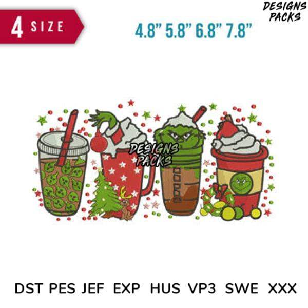 Grinch-themed holiday drink designs for embroidery, available in multiple sizes and formats.