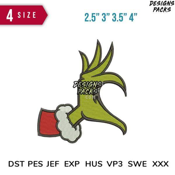 Grinch hand holding Santa hat, embroidery design in 4 sizes, DST PES JEF formats
