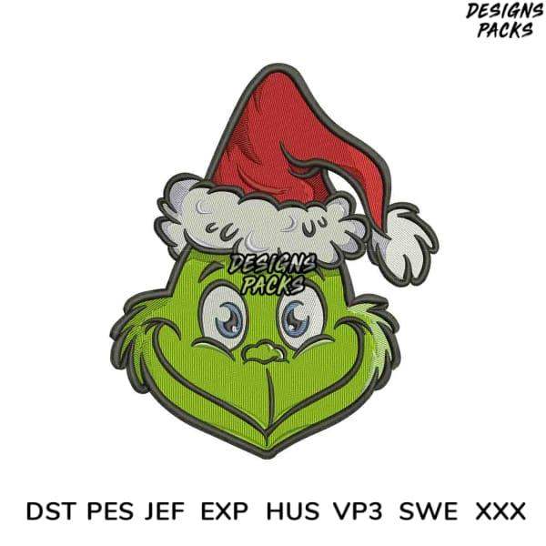 Grinch face in Santa hat, embroidery design for holiday projects, available in DST PES formats