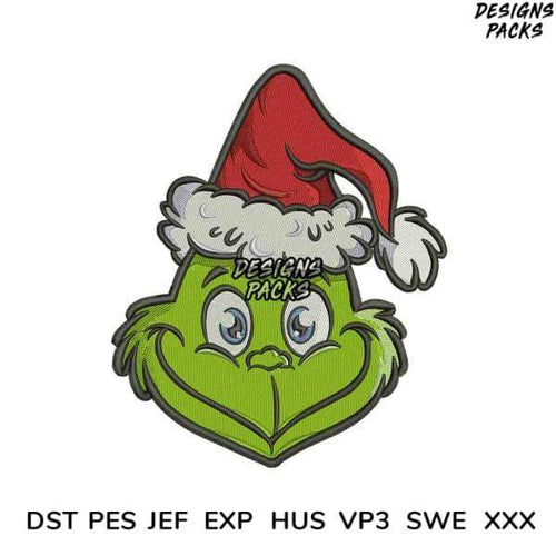 Grinch face in Santa hat, embroidery design for holiday projects, available in DST PES formats
