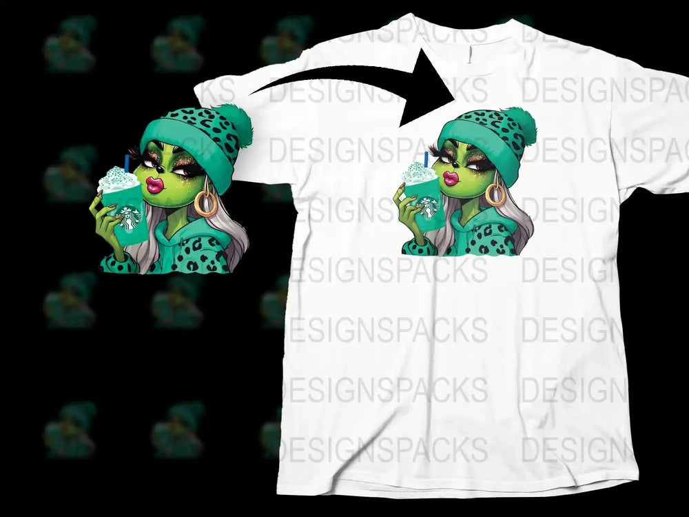 Funky Leopard Print Turban Fashion Illustration Graphic T-Shirt, Stylish Woman Eating Cupcake Design
