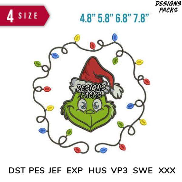 Grinch face in Santa hat with Christmas lights, embroidery design in DST PES formats, 4 sizes