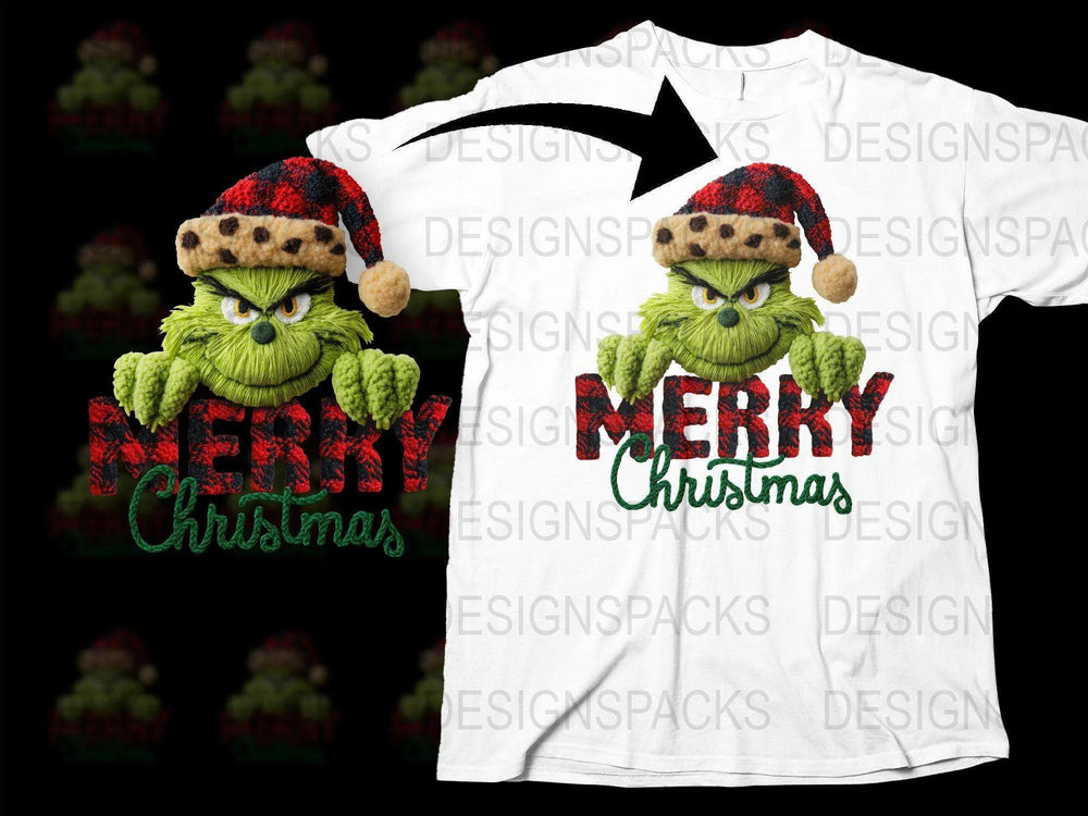 Merry Christmas Grinch T-Shirt, Funny Holiday Kids and Adults Tee, Plaid Hat Design, Festive Winter Apparel