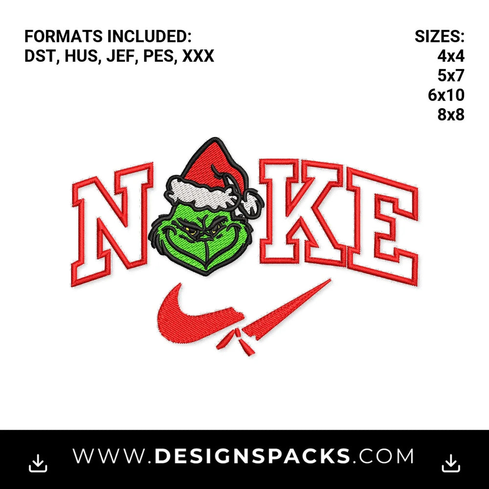 Grinch Nike Christmas Broken Swoosh Embroidery Design - Instant digital download pattern at Designspacks.com
