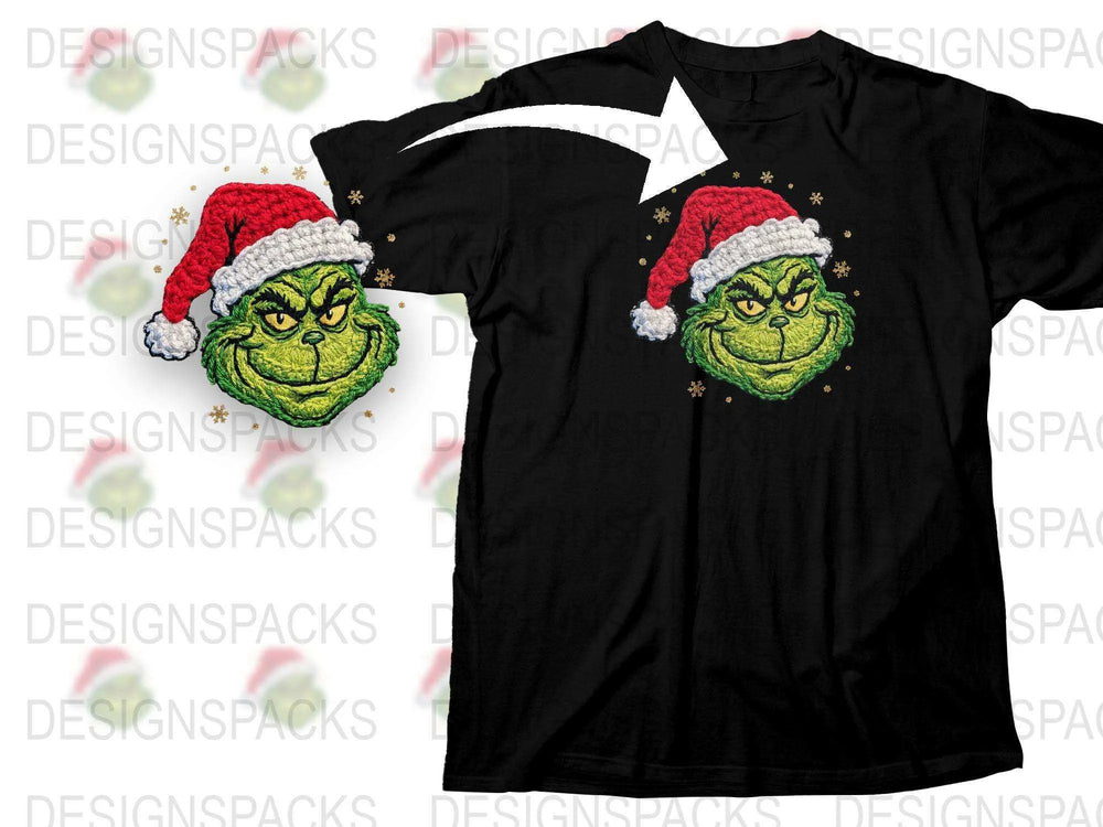 Christmas Grinch T-Shirt, Festive Holiday Tee, Unisex Santa Hat Design, Black Cotton Shirt