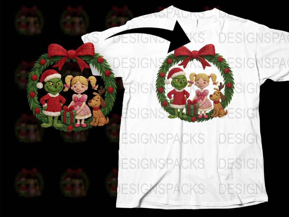 Christmas Wreath T-Shirt, Cute Cartoon Animals, Festive Kids Holiday Apparel, Unisex White Graphic Tee