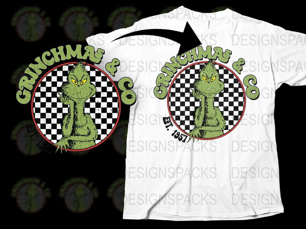 Grinchmas and Co T-shirt, Festive Grinch Holiday Graphic Tee, Christmas Casual Wear, Checkerboard Design Shirt
