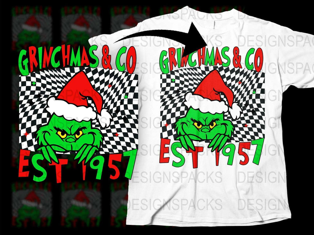 Grinchmas and Co EST 1957 Christmas T-Shirt, Santa Hat, Retro Style Checkerboard, Holiday Tee