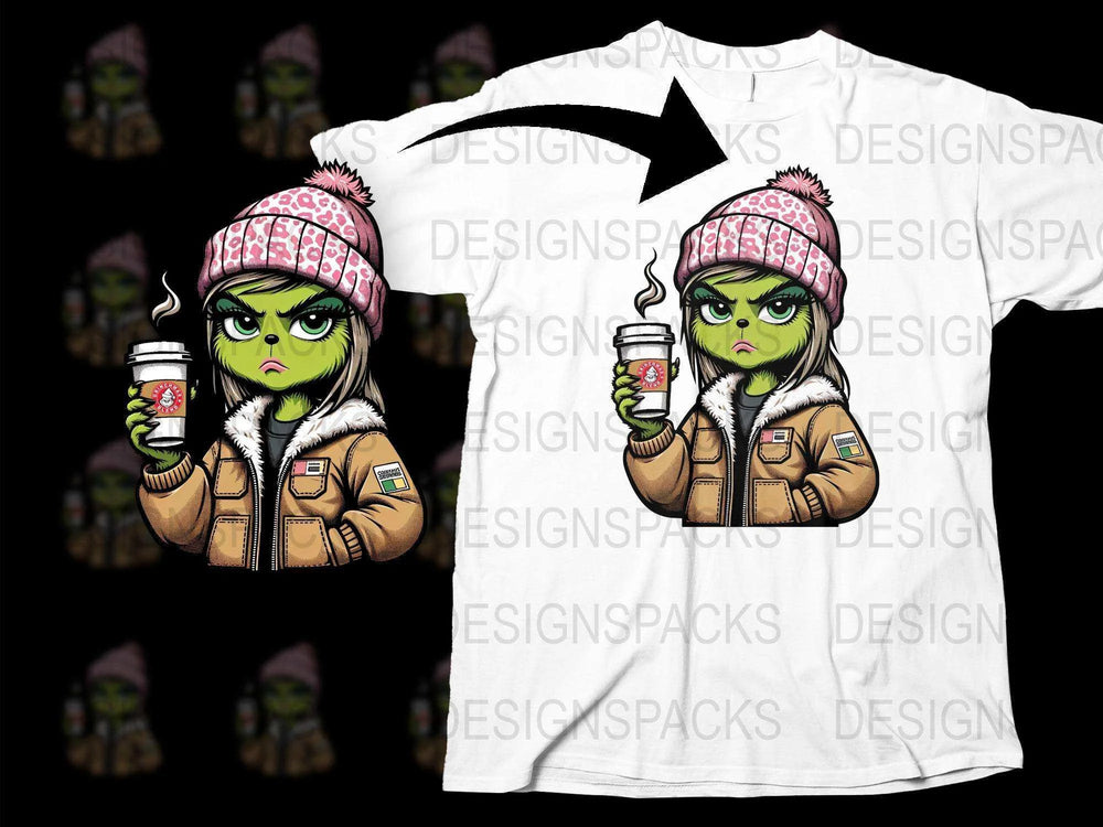 Trendy Zombie Cartoon Character Coffee Lover Graphic T-Shirt, Cool Winter Hat Design