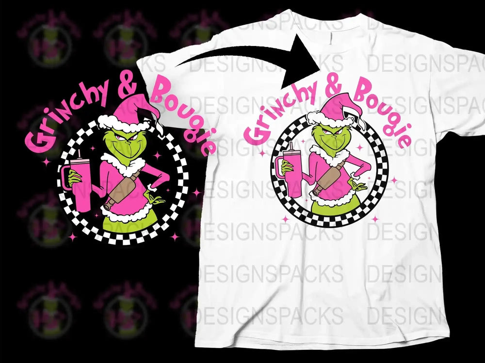 Grinchy and Bougie Pink and Green T-Shirt, Checkered Circle Design, Fun Cartoon Character Tee
