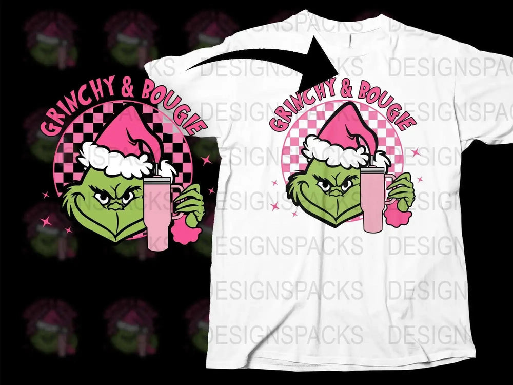 Grinchy and Bougie Christmas T-Shirt, Holiday Mood Santa Hat, Festive Winter Apparel, Pink and Green Tee