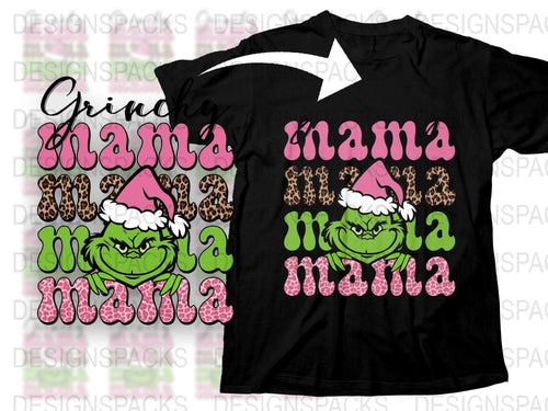 Mama Grinch Christmas T-Shirt, Leopard Print, Pink Santa Hat, Holiday Tee for Women, Gift Idea