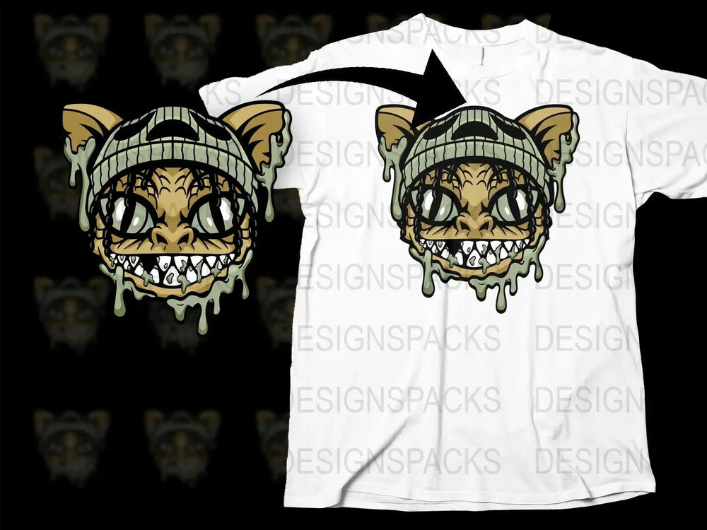 Grinning Cat with Beanie Dripping Effect Streetwear Png Digital Download
