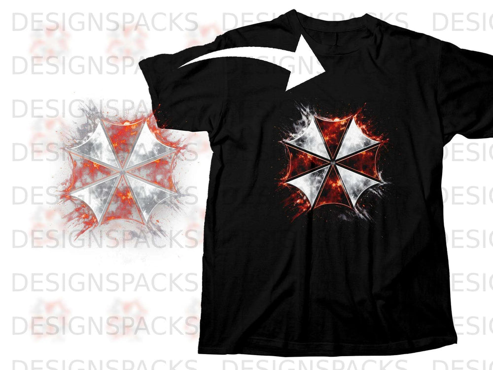 Black t-shirt with a distressed white and red umbrella corporation logo.