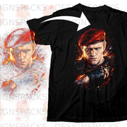 Black t-shirt with a distressed graphic of a man wearing a red beret.