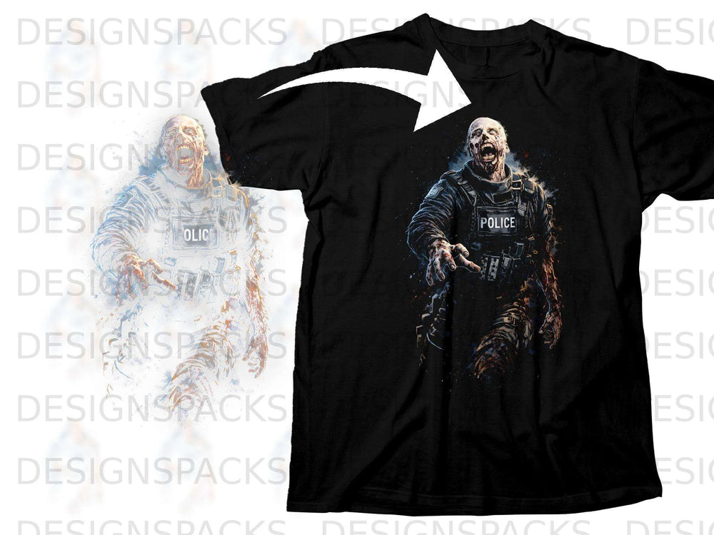 Black t-shirt with a zombie police officer graphic and a white arrow.