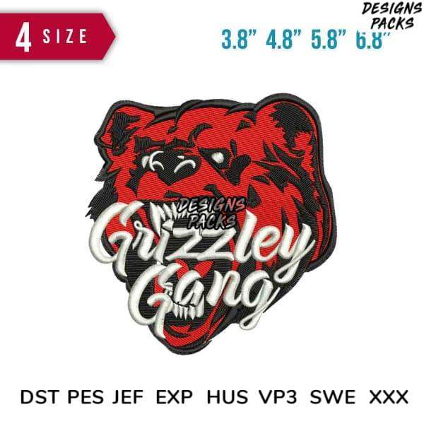 Grizzly Gang embroidery design in red and black, available in multiple sizes and formats