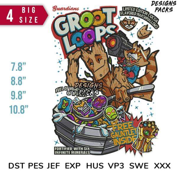 Groot Loops Guardians of the Galaxy embroidery design bundle with free gauntlet, available in DST PES JEF formats