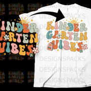 Retro "Kindergarten Vibes" text with backpack, sun, and flowers on white t-shirt.