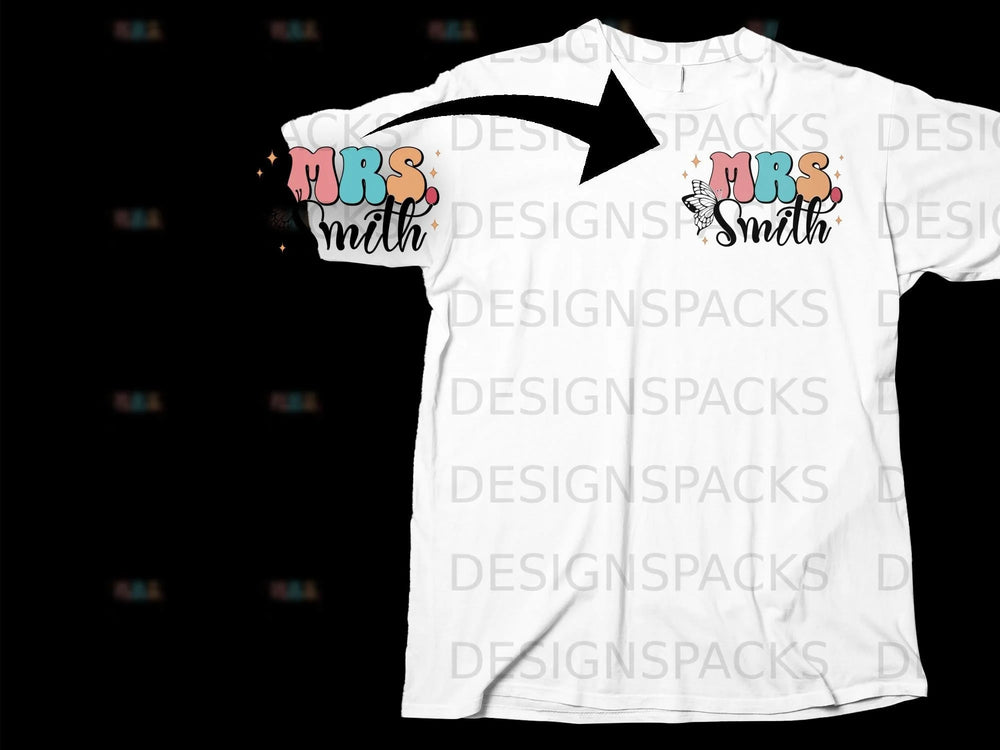 White t-shirt with "MRS Smith" graphic and butterfly detail.