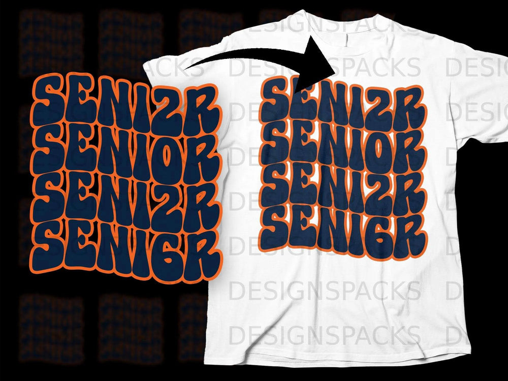 "Senior" repeated four times in bold, bubbly navy letters with orange outlines.