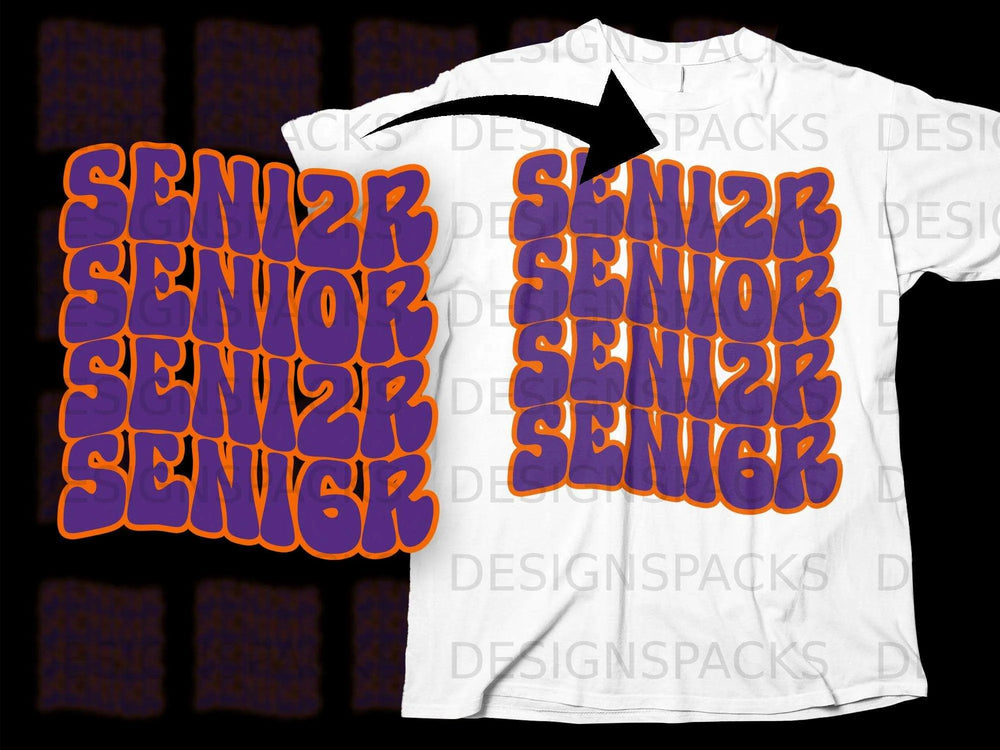 White t-shirt with purple and orange "Senior" text design.