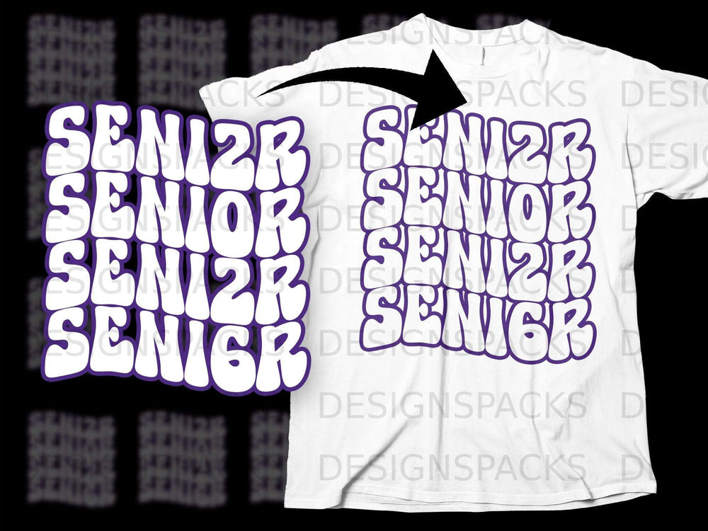 White t-shirt with purple "SENIOR" text repeated in a groovy font.
