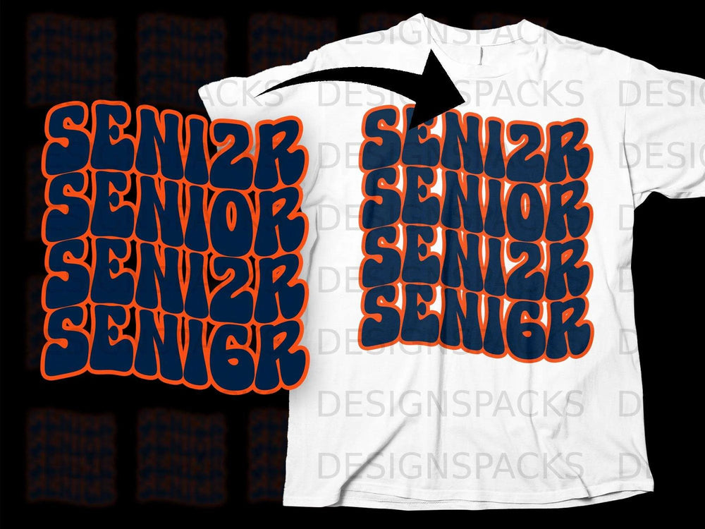 Navy and orange "SENIOR" text stacked on a white t-shirt.