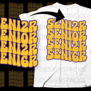 "SENIOR" text graphic design in purple outline and yellow fill on white t-shirt.